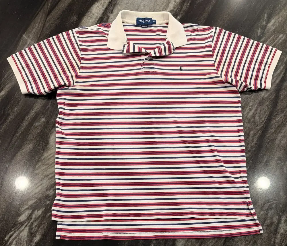 Ralph Lauren Polo Golf Shirt XXL White Red Navy Stripe Cotton Pony Pique Golf